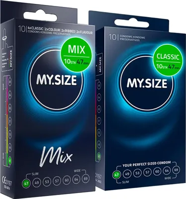 Immagine prodotto di Preservativi My.Size Mix taglia 1, 47 mm, confezione risparmio, | 20 pezzi | Preservativi in 4 eccitanti varianti, con aroma, colore, protuberanze e classici