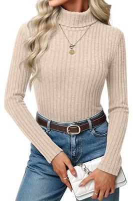 Productafbeelding van RIROW Damen langarmshirt met ronde hals, ribbels, aansluitende pasvorm, beige, maat XL