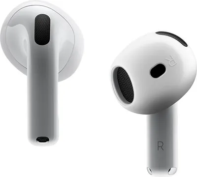 Two white earbuds are shown against a white background.