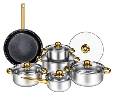 Image de Ensemble de 12 pièces de batterie de cuisine - Ensemble pour la cuisine - Acier inoxydable 304 - Couvercles en verre - Poignées ergonomiques dorées - Poêle antiadhésive - Compatible avec les plaques de cuisson à gaz, à induction et électriques - Disponible en plusieurs couleurs
