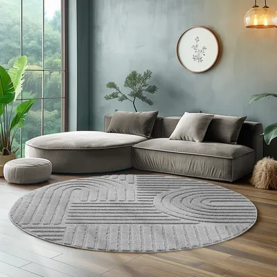Produktbild von Hochflor Rund Teppich Wohnzimmer Küchenteppich Schlafzimmer Flur Skandi Boho Teppich 3D Design Flauschig Weich , Größe : 200 cm Rund , Farbe : Silber