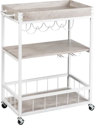 A three-tiered kitchen cart with a rustic concrete and white finish.