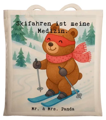 Produktbild von Mr. & Mrs. Panda Tote Bag Hase Skifahren Design - Weiß - Geschenk, Skisport, Ski fahren, Shopping Tasche, Skiwettbewerb, dokumententasche, Jutebeutel, Laptoptasche