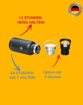 Produktbild von RAIKOU Trinkflasche 350ml Wasserflasche Thermoflasche mit 2 Deckel Schwarz