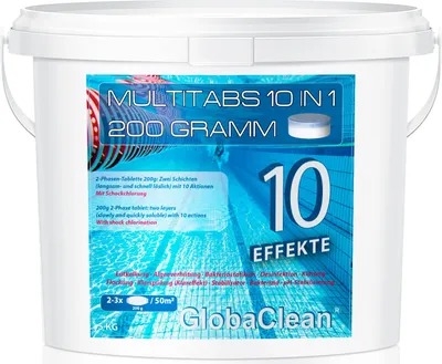 Produktbild von GlobaClean Chlor Multitabs 200g, 5 kg, 10in1, 2-Phasen, für jede Wasserhärte, mit Schock-Chlorung