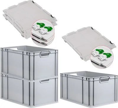 Produktbild von SuperSparSet 3x Eurobox NextGen Grip mit Scharnierdeckel und grünen Schiebeschnappverschlüssen | HxBxT 32x40x60cm | 65 Liter | Grau | Griffe offen | Verstärkter Boden | Eurobehälter, Transportbox, Transportbehälter, Stapelbehälter