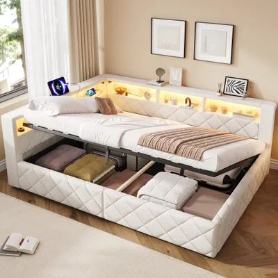 Image de Canapé-lit, système hydraulique, éclairage LED, port de charge USB, étagère à la tête de lit et sommier à lattes, aspect lin, sans matelas, dimensions 140 x 200 cm, couleur beige
