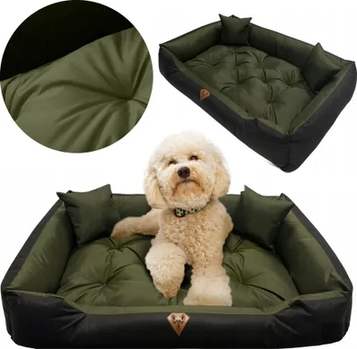 A dog bed with a dog on it, and close-up shots of the bed's material.