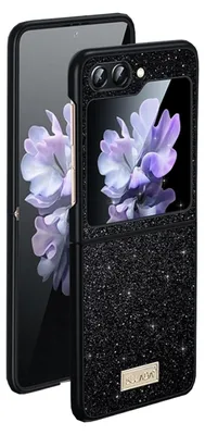 A black glittery phone case with a floral design on a white background.