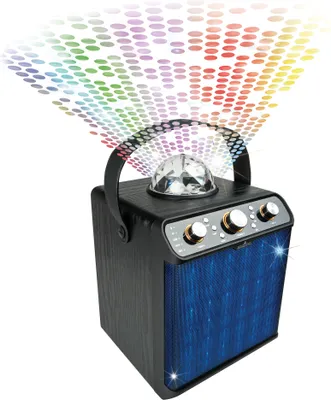 A portable Bluetooth speaker with a disco ball and colorful light effects.