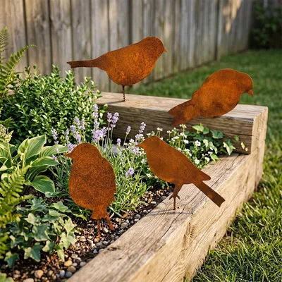 Image de Oiseaux décoratifs - Effet rouille - Métal - Lot de 4 - Résistant aux intempéries pour l'extérieur