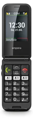 A flip phone is shown in an upright position, open, with its screen and keypad visible.