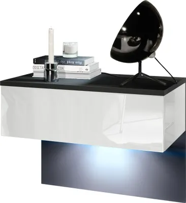 Produktbild von Vladon Nachttisch Sleep,  Germany, Nachttischschrank mit Schublade zur Wandmontage, Schwarz matt/Weiß Hochglanz, inkl. LED-Beleuchtung (60 x 46 x 35 cm)