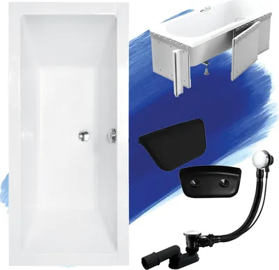 Image de Baignoire rectangulaire Set 5in1 155x70 avec vidage Premium et pieds S + habillage (polystyrène) + appui-tête en noir | BADLAND QUADRO