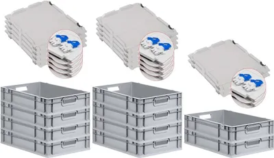 Produktbild von SuperSparSet 10x Eurobox NextGen Grip mit Scharnierdeckel und blauen Schiebeschnappverschlüssen | HxBxT 12x40x60cm | 23 Liter | Grau | Griffe offen | Glatter Boden | Eurobehälter, Transportbox, Transportbehälter, Stapelbehälter