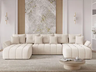 A modern living room with a large U-shaped sofa.
