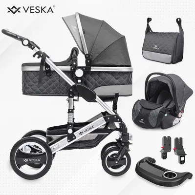 Produktbild von Kombinovaný kočík VESKA® 3 v 1 vrátane nosiča, kočíka, joggeru s prebaľovacou taškou, moskytiéry, pláštenky, hracieho stolíka, nánožníka na autosedačku, QuickFold, hliníkový rám - strieborný - antracit/antracit