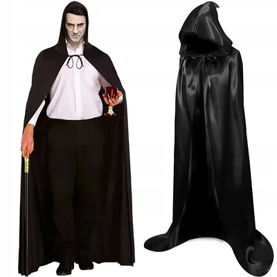 Obrázek produktu pro Černý plášť na Halloween, 150 cm, s kapucí, kostým pro dospělé: upír, čarodějnice, kouzelník
