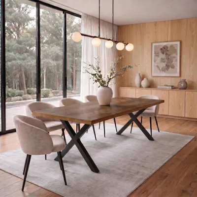 Produktbild von Esstisch SAKANA aus Mangoholz, 200 x 100 cm, Braun- Esszimmertisch mit massiver Tischplatte in Fischgrät-Design, robustes Metallgestell, Industrial Stil