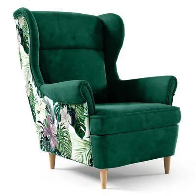 Produktbild von Ohrensessel HAVANA Print – Skandinavischer Relaxsessel mit hoher Rückenlehne, modernem Design, Flaschengrün, Buchenbeine