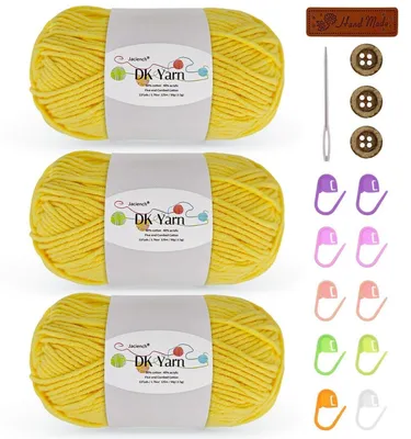 Obrázok produktu pre Priadza na háčkovanie, 150 g (3 x 50 g), 60 % bavlna, 40 %.Polyakryl, žltá. Súprava pre začiatočníkov s háčikom a značkovačmi