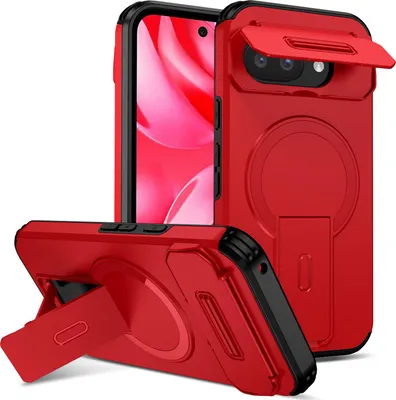 Immagine prodotto di Custodia magnetica per Google Pixel 9A, custodia resistente a doppio strato con protezione scorrevole della fotocamera e supporto regolabile Rosso