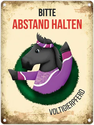 Produktbild von Metallschild mit schwarzes Pferd Motiv und Spruch: Bitte Abstand halten -