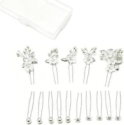 Immagine prodotto di Set di fermagli per capelli, composto da 15 pezzi, a forma di "U", con perline e strass, ideali per matrimoni