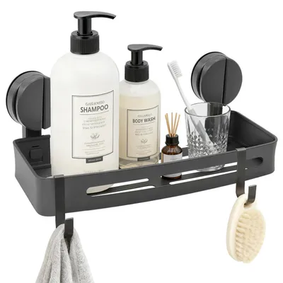 Immagine prodotto di Portaoggetti da doccia senza foratura, grigio, in alluminio, 32,5 cm, con 2 ganci