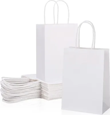 Produktbild von Papiertragetaschen mit Griff weiß - 60 Stück - Geschenktüten Kraftpapier - Festgeschenkverpackung - 21 x 16 x 8 cm