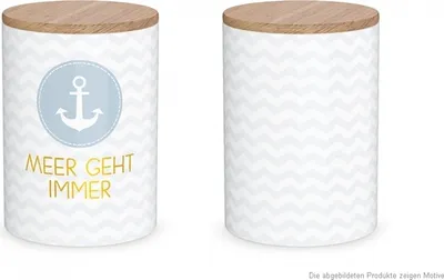 Produktbild von La Vida Vorratsdose Meer geht immer Anker Zickzack Porzellan mit Bambusdeckel hellgrau weiß natur 11x16cm