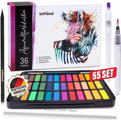 Produktbild von int!rend Aquarellfarben Set 55-Teilig - Wasserfarben Ungiftig & Säurefrei - 36 Aquarell Farben + 1 Watercolor Nylonpinsel + 2 Wassertankpinsel + 15 Blätter Aquarellpapier + 1 Bleistift