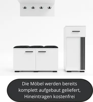 Produktbild von Garderobenset PIK-3, Flurgarderobe, Flurset, 4 Kleiderhaken, Schrank, Wandregal, Schuhschrank, fertig aufgebaut, Farbe: Weiß