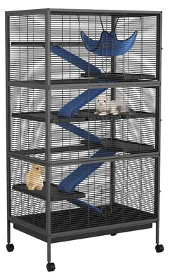 Produktbild von Kleintierkäfig - Robuster Metallkäfig auf Rollen - Mehrstöckiges Gehege - Fleece-Rampen und Hängematte - Herausnehmbare Bodenschalen - Für Frettchen, Chinchillas