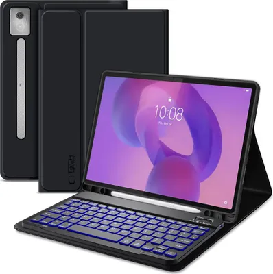 A tablet with a keyboard case and stylus, displayed in an open, ready-to-use configuration.