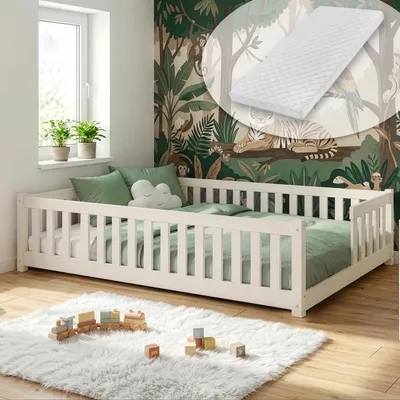 Obrázok produktu pre Detská posteľ s ochrannou bočnicou, roštom a matracom – posteľ Montessori, detská postieľka, posteľ pre deti a mládež, jednolôžková posteľ | 140 x 200 cm | bavlna
