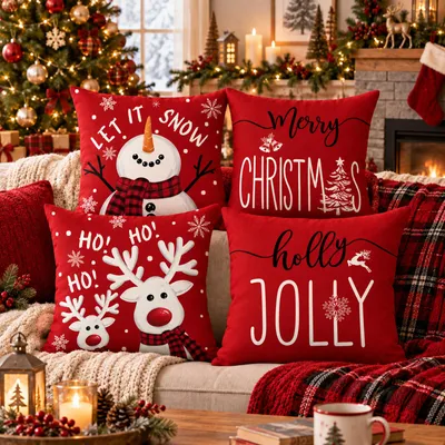 Image de Lot de 4 housses de coussin de Noël, 45 x 45 cm, couleurs variées, mélange de lin, pour décoration de canapé ou de chambre