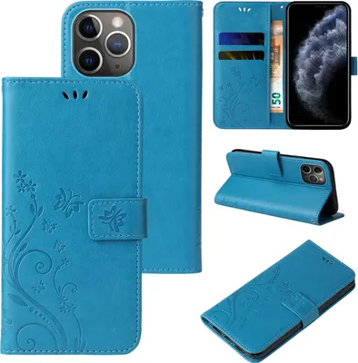 Produktbild von Handyhülle für Apple iPhone 11 Pro Floral Blumen Schmetterling Flip Cover Hülle Case Klapphülle Handytasche Farbe: Blau