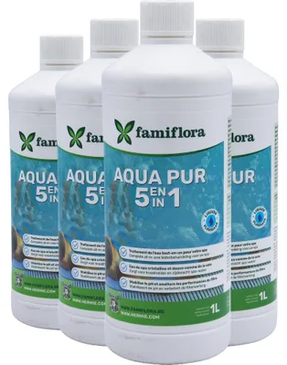 Produktbild von Famiflora Aqua pur 5-in-1 4 x 1L - genießen Sie einen kristallklaren Whirlpool! - Komplette Spa-Wasserbehandlung - Sorgt für kristallklares & seidenweiches Wasser - Stabilisiert den pH-Wert