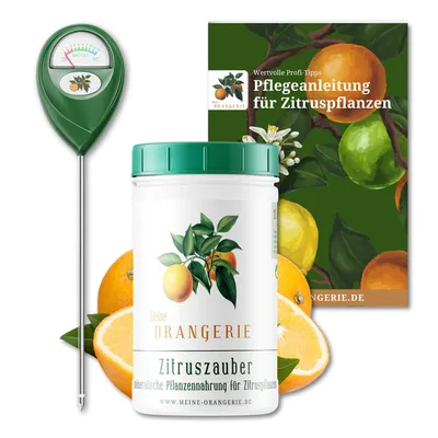 Produktbild von Meine Orangerie Zitrus-Pflegepaket Piccolo: Starker Zitrusdünger + nützlicher Feuchtigkeitsmesser + hilfreiche Pflegebroschüre