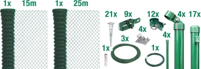 Produktbild von Alberts Maschendrahtzaun, Höhe 150 cm, Länge 40 m, Zaun-Komplettset mit Bodenhülse ohne Einbetonieren, grün, Maschenweite 60 x 60 mm