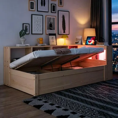 Immagine prodotto di Letto singolo 90x200 cm, colore legno, con spazio contenitore, striscia LED e presa di corrente, ideale per la camera da letto