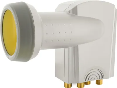 A close-up studio shot of a satellite LNB device.