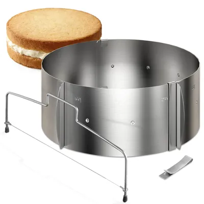 Produktbild von Lindenstein Torten-Zubehör-Set 2 Teile – Edelstahl Backzubehör mit verstellbarem Tortenring 8,5 cm hoch + Tortenschneider, funktionales Backset zum Backen und für die Tortenzubereitung