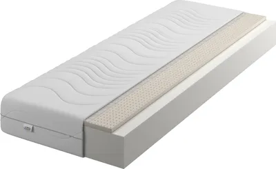 A cutaway view of a mattress showing its layered construction.