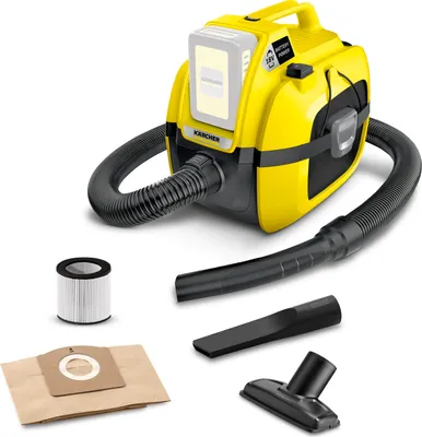 A yellow and black Kärcher wet/dry vacuum cleaner with accessories laid out on a white background.