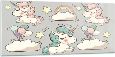 Produktbild von Bilder auf glas - Wolke Tapete Einhorn Ballon - 120x50cm - Glasbilder - Wandbilder - Kunstdruck - zum Aufhängen bereit - Wanddekoration aus Glas - Glas Bilder - Wandbild auf Glas - GAB120x50-2859