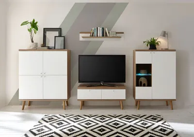 Produktbild von Wohnwand Merle 304cm eiche riviera / weiß matt Wohnzimmer Anbauwand