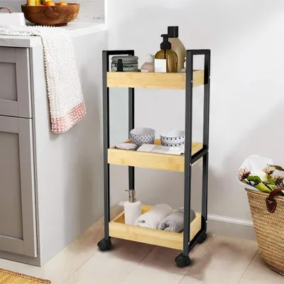 Obrázek produktu pro Vozík do koupelny a kuchyně – třípatrový pojízdný vozík – úzký úložný vozík – kov a bambus – 20 × 30 × 80 cm – černý