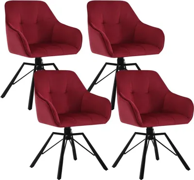 Four burgundy velvet dining chairs with black metal legs are arranged in a grid formation against a white background.